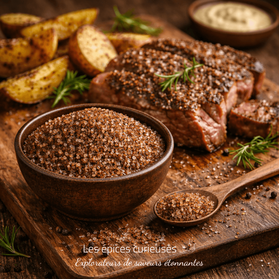 Steak grillé avec sel fumé, pommes de terre rôties et herbes aromatiques sur une planche en bois rustique.