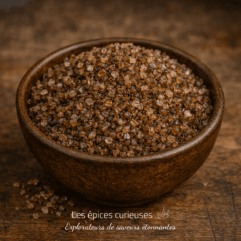 Bol de sel fumé artisanal sur une table en bois, prêt pour rehausser vos plats gourmands.