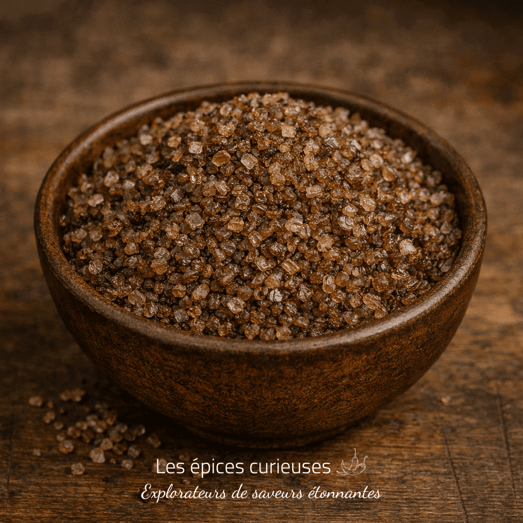 Bol de sel fumé artisanal sur une table en bois, prêt pour rehausser vos plats gourmands.