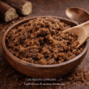 Bol de sucre brun dans une cuillère en bois sur fond rustique, par Les épices curieuses.