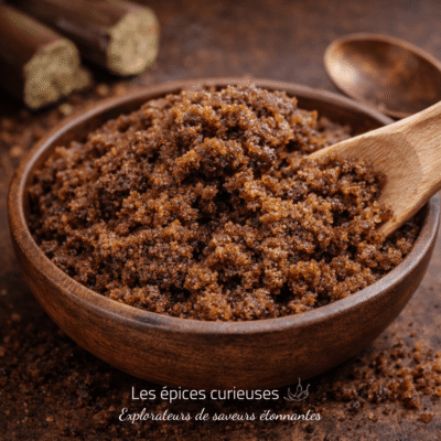 Bol de sucre brun dans une cuillère en bois sur fond rustique, par Les épices curieuses.