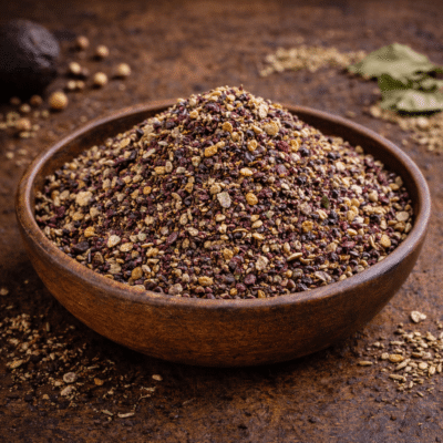 Bol de zaatar épicé et parfumé sur fond rustique, parfait pour rehausser vos plats méditerranéens.