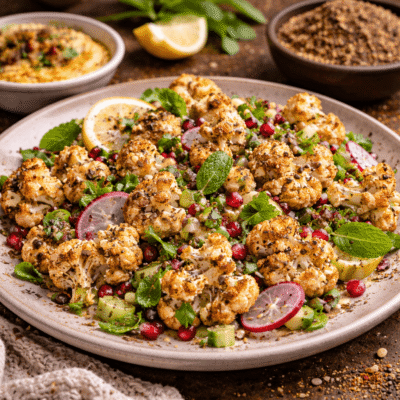 Salade de chou-fleur rôti avec grenade, radis et herbes fraîches, agrémentée de tranches de citron.