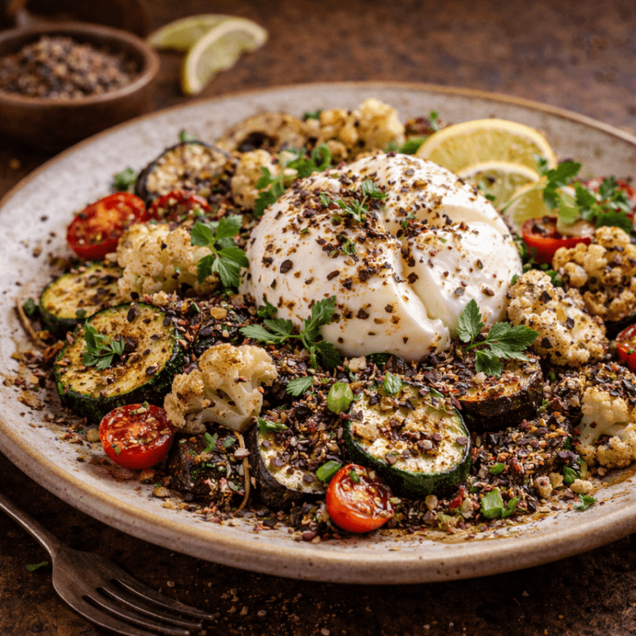 Assiette de burrata garnie de légumes grillés, épices et herbes fraîches, avec citron en arrière-plan.