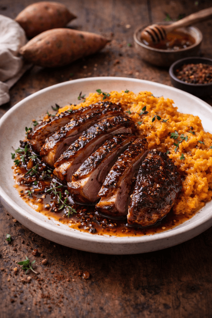 Magret de canard au miel & épices chaudes, écrasé de patates douces - Les épices curieuses