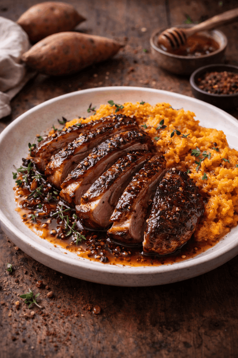 Magret de canard au miel & épices chaudes, écrasé de patates douces - Les épices curieuses