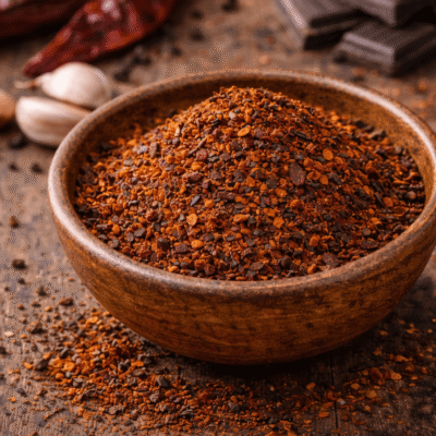 Bol de piments rouges moulus avec des ingrédients épicés en arrière-plan sur une table en bois rustique.