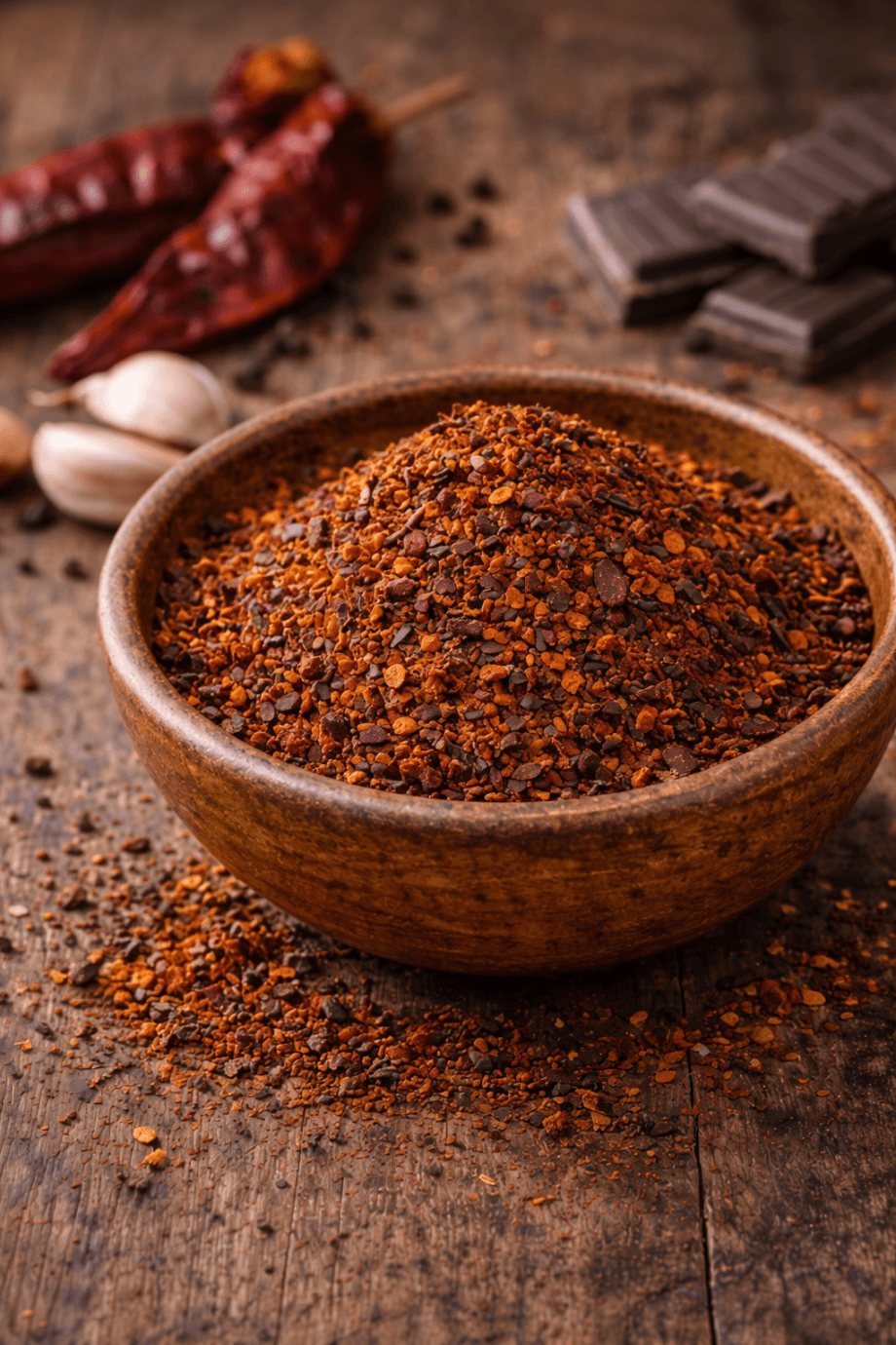 Bol de piments rouges moulus avec des ingrédients épicés en arrière-plan sur une table en bois rustique.