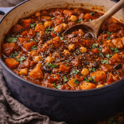Chaudron de ragoût épicé aux pois chiches et légumes, garni de coriandre fraîche, posé sur une table rustique.