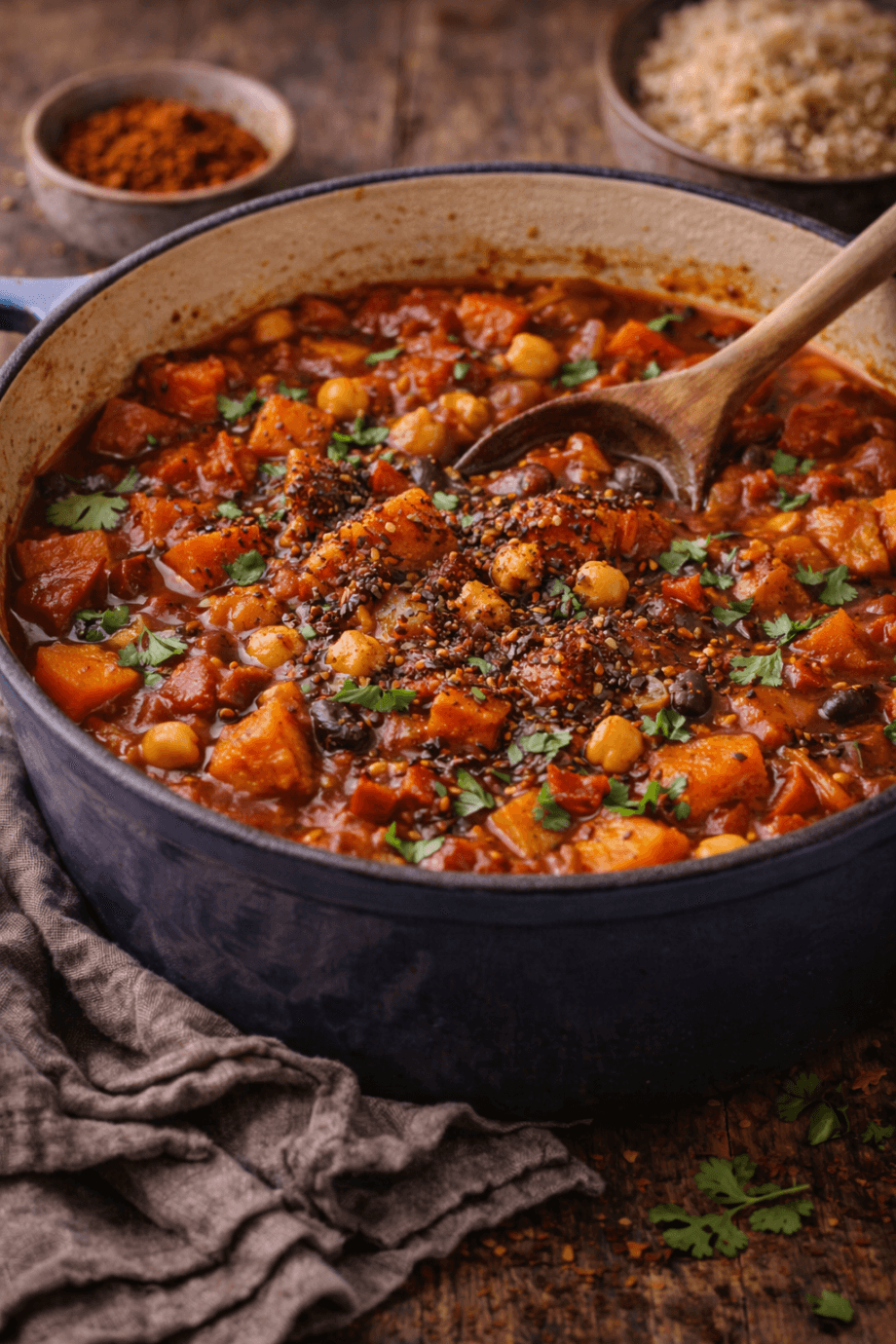 Chaudron de ragoût épicé aux pois chiches et légumes, garni de coriandre fraîche, posé sur une table rustique.