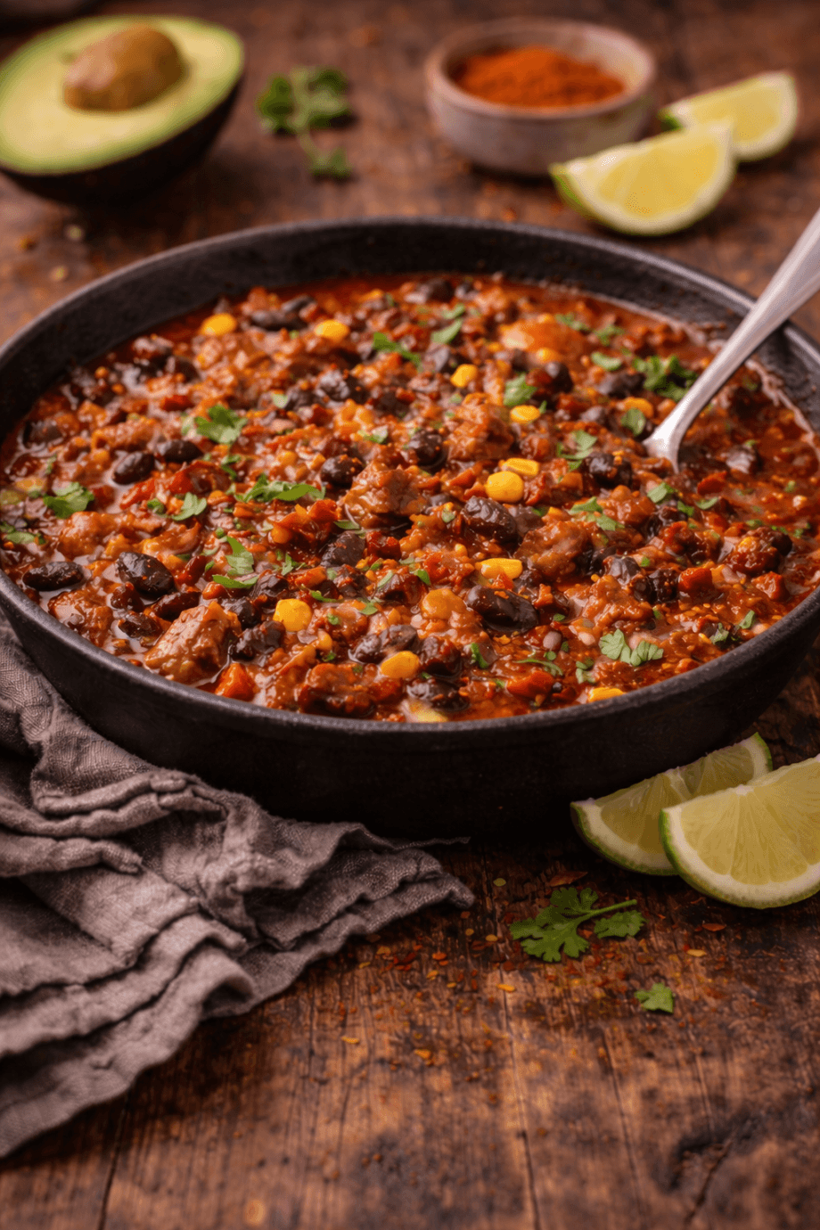 Bol de chili épicé avec haricots noirs, maïs et coriandre, accompagné d'avocat et citron. Repas réconfortant.