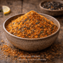 Bol de mélange d'épices vibrantes sur table en bois, accompagné de citron en arrière-plan. Idéal pour relever vos plats.