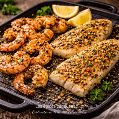 Crevettes et filets de poisson grillés, assaisonnés de fines herbes et épices, avec des tranches de citron.