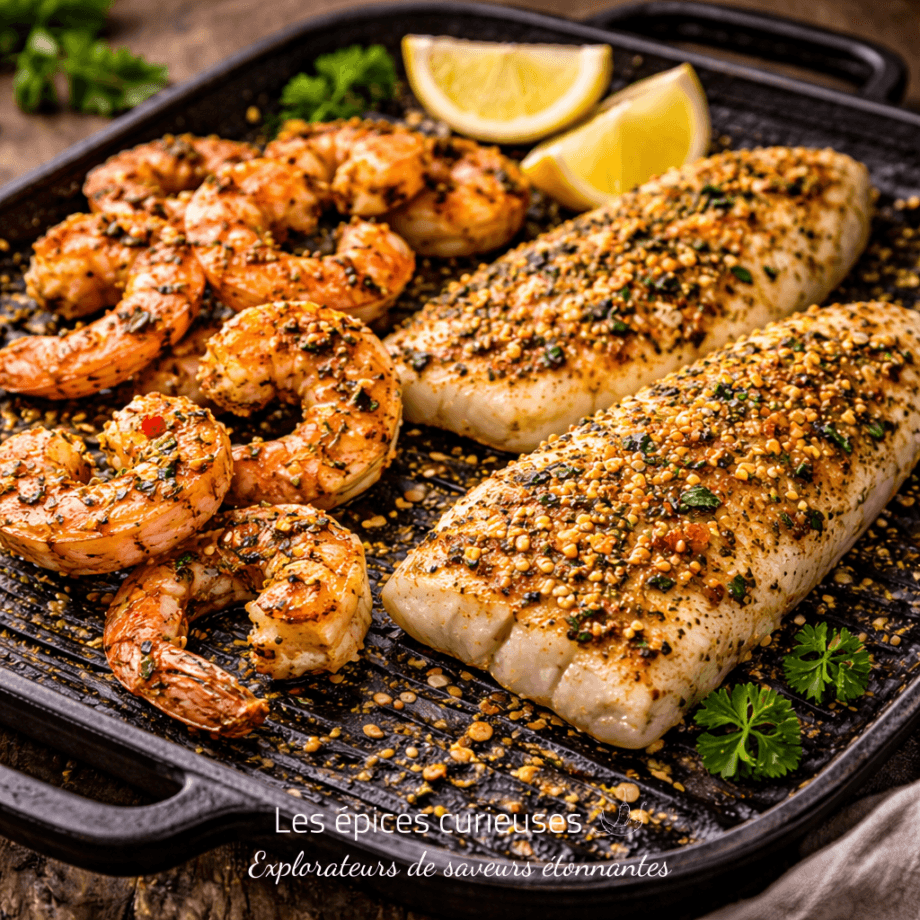 Crevettes et filets de poisson grillés, assaisonnés de fines herbes et épices, avec des tranches de citron.