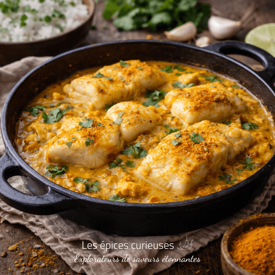 Délicieux curry de poisson dans une poêle noire, garni de coriandre, prêt à être dégusté avec du riz blanc.