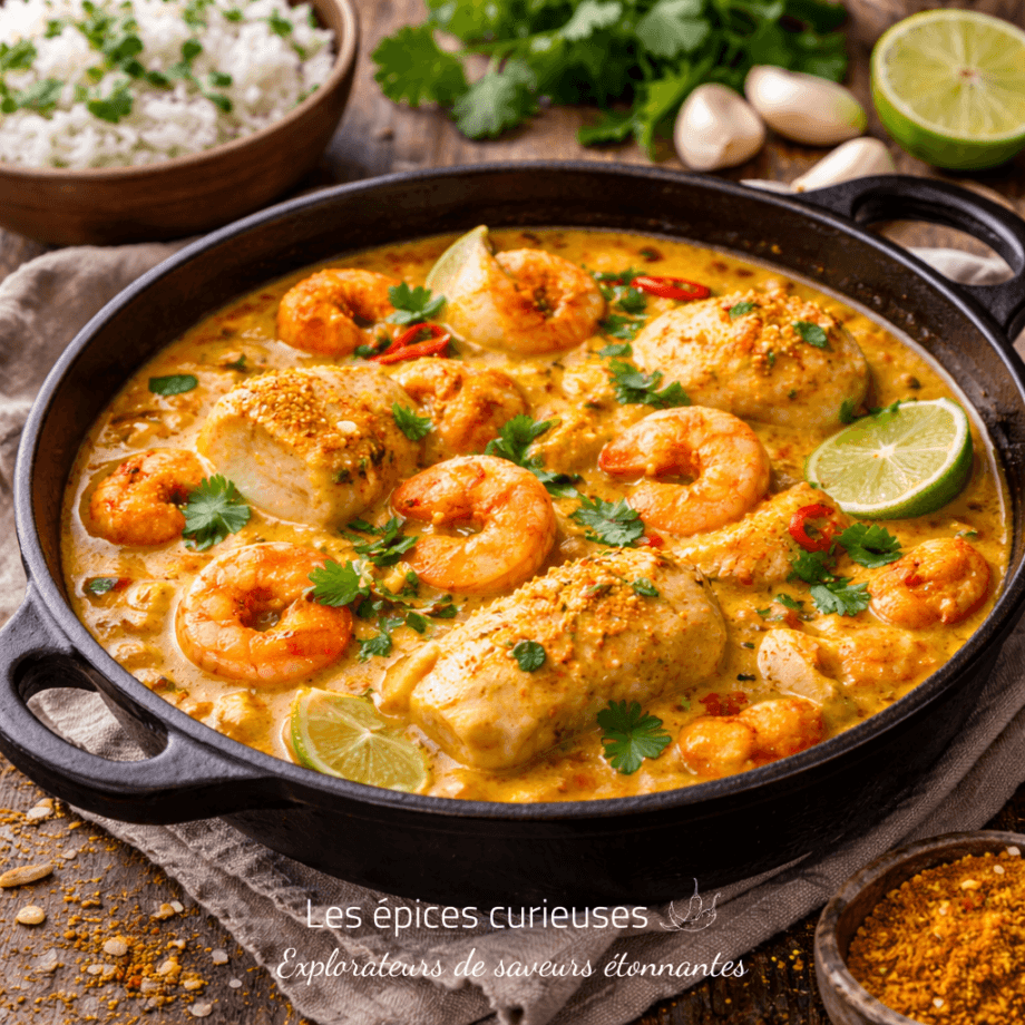 Plat de fruits de mer au curry avec crevettes et citron vert, accompagné de riz. Parfumé et savoureux.