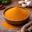 Bol en bois de poudre de curry jaune vibrant sur table rustique, entouré d'ail et d'herbes fraîches.