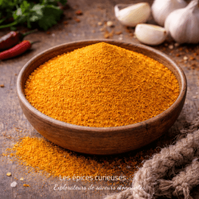 Bol en bois de poudre de curry jaune vibrant sur table rustique, entouré d'ail et d'herbes fraîches.