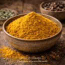 Bol de poudre de curry sur une table en bois avec des épices en arrière-plan.