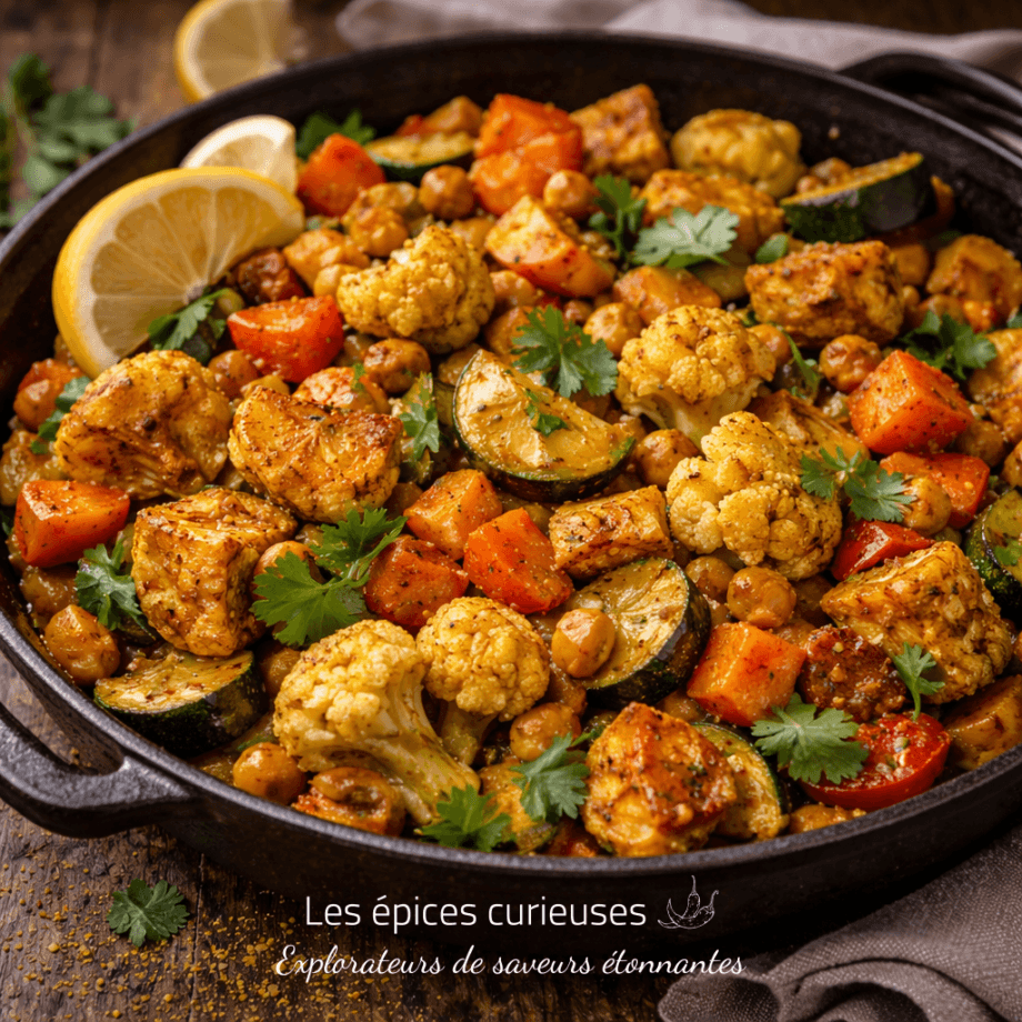 Plat de légumes rôtis au curry avec pois chiches, chou-fleur et coriandre, garni de citrons pour une touche de fraîcheur.