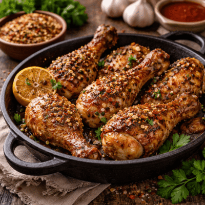 Poulet rôti épicé au citron et herbes dans une poêle en fonte, prêt à être dégusté.