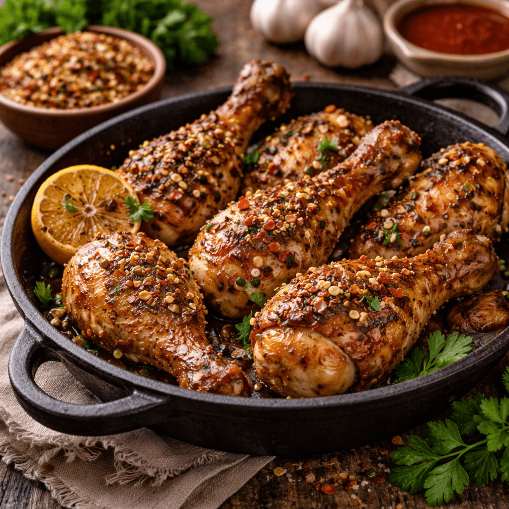 Poulet rôti épicé au citron et herbes dans une poêle en fonte, prêt à être dégusté.