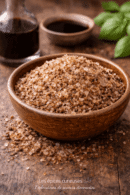 Bol de sel fumé sur table en bois avec vinaigre balsamique en arrière-plan, accentuant l'ambiance rustique.