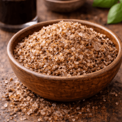 Bol de sel fumé sur table en bois avec vinaigre balsamique en arrière-plan, accentuant l'ambiance rustique.