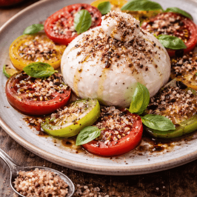 Assiette de burrata crémeuse sur lit de tomates colorées, parsemée de basilic et d'épices gourmandes.