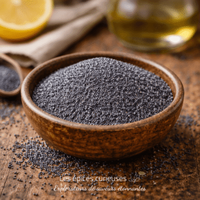 Bol en bois rempli de graines de pavot noires sur une table en bois rustique, avec citron et huile au fond.