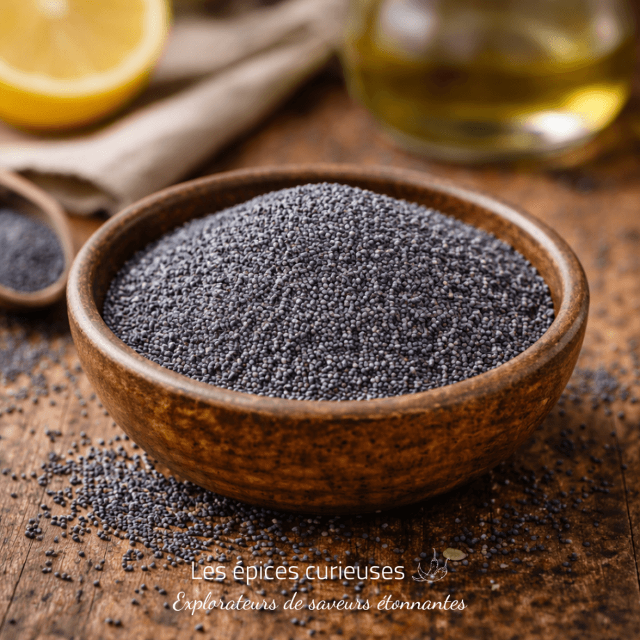 Bol en bois rempli de graines de pavot noires sur une table en bois rustique, avec citron et huile au fond.