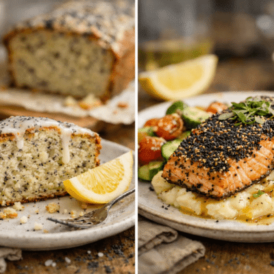 Gâteau citron-pavot et saumon en croûte de sésame-pavot sur purée crémeuse, avec légumes frais.