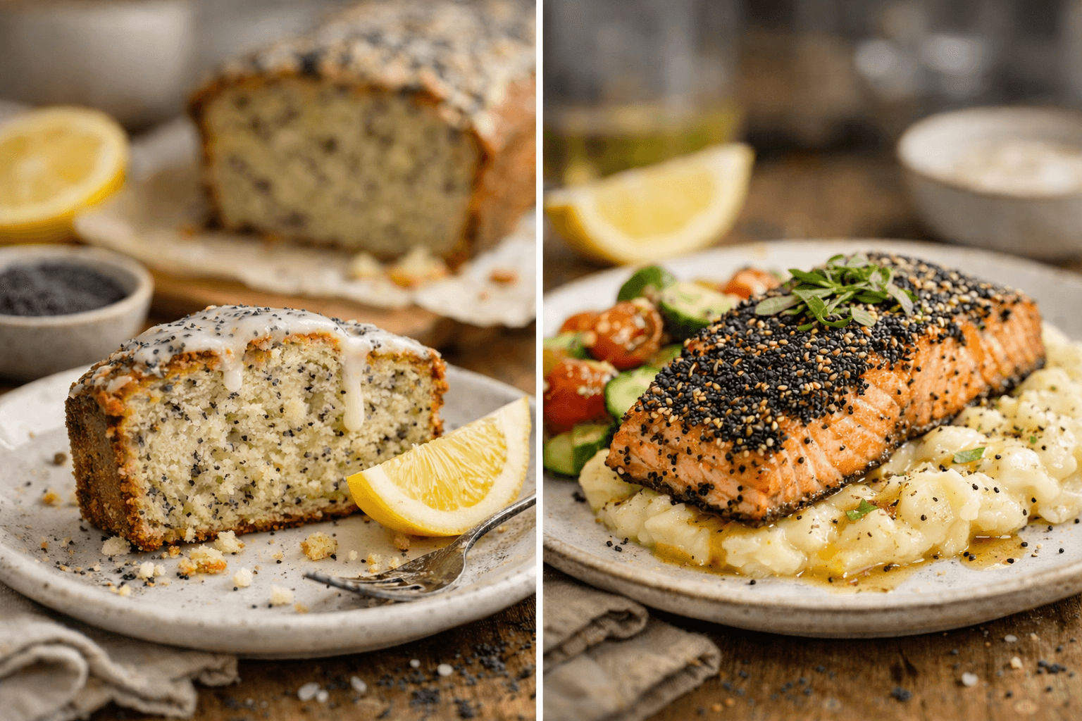 Gâteau citron-pavot et saumon en croûte de sésame-pavot sur purée crémeuse, avec légumes frais.