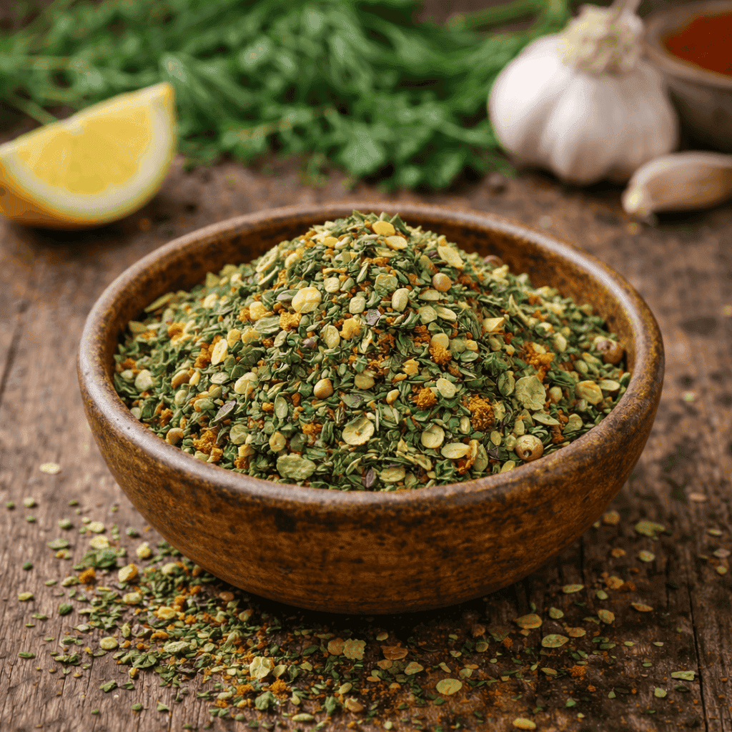 Mélange d'épices colorées dans un bol en bois sur une table rustique, avec citron et ail en arrière-plan.