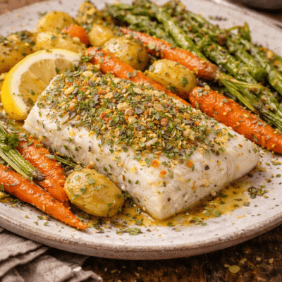 Plat de poisson rôti aux herbes avec légumes grillés : carottes, asperges, pommes de terre et tranche de citron.