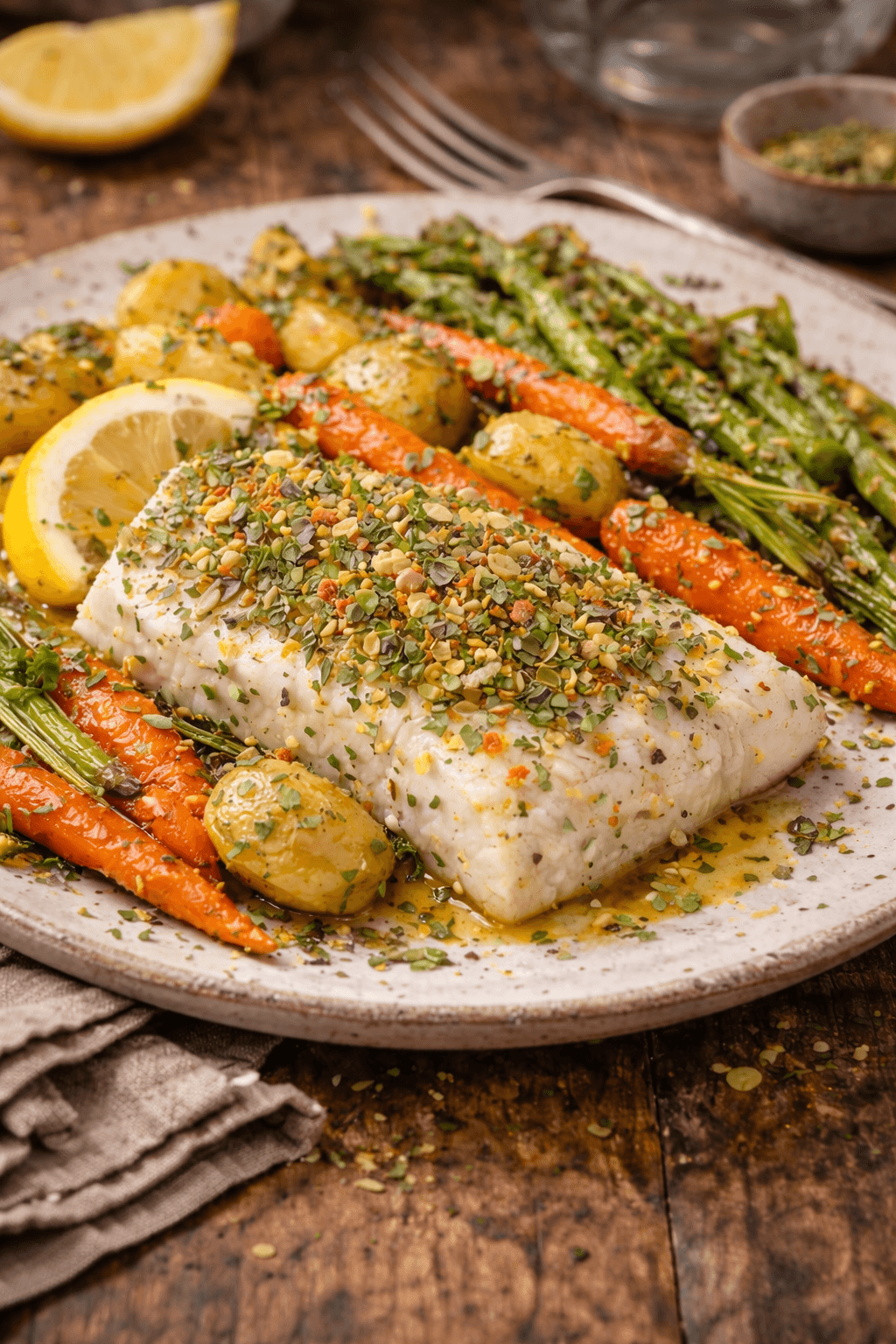 Plat de poisson rôti aux herbes avec légumes grillés : carottes, asperges, pommes de terre et tranche de citron.
