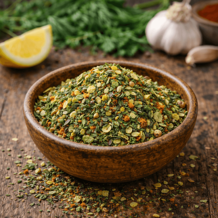 Mélange d'épices colorées dans un bol en bois sur une table rustique, avec citron et ail en arrière-plan.