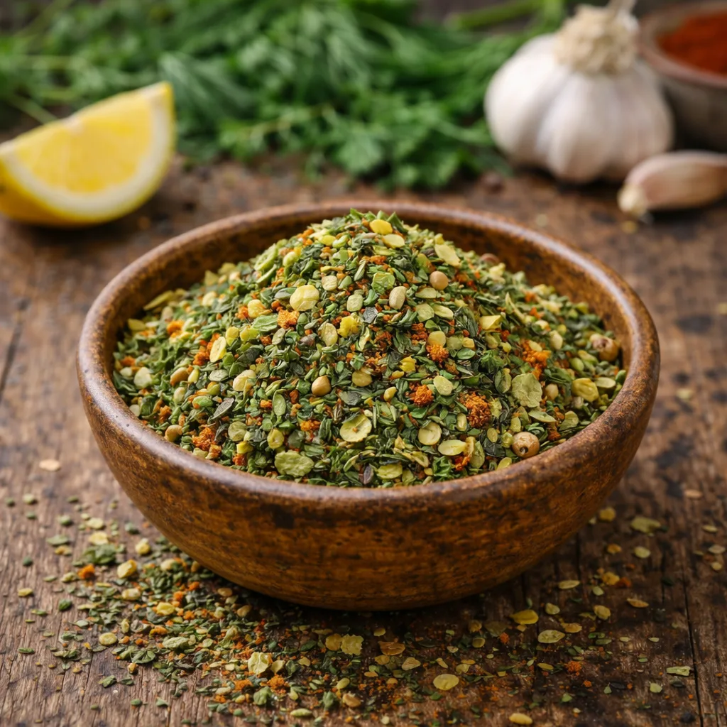 Mélange d'épices colorées dans un bol en bois sur une table rustique, avec citron et ail en arrière-plan.