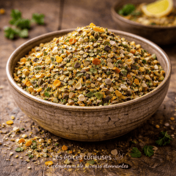 Bol de mélange d'épices variées pour cuisine, offrant une explosion de saveurs colorées sur une table en bois rustique.