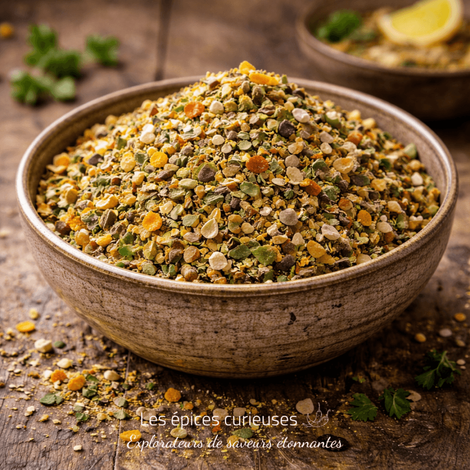 Bol de mélange d'épices variées pour cuisine, offrant une explosion de saveurs colorées sur une table en bois rustique.