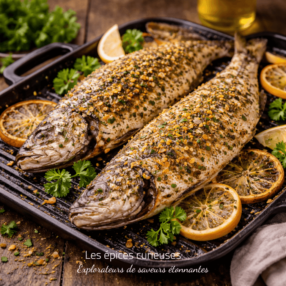 Poissons grillés aux fines herbes et rondelles de citron sur une plancha, garnis de persil frais.