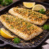 Filets de poisson grillés avec épices et citron sur une poêle, garnis de persil frais.