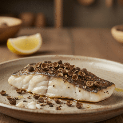 Filet de poisson grillé avec des épices, servi sur un plat, avec un quartier de citron en arrière-plan.