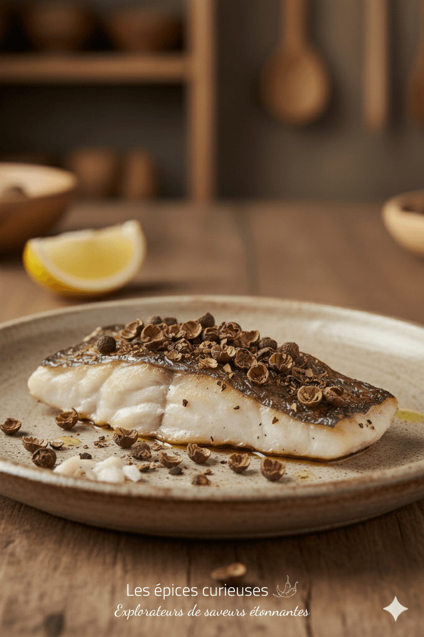 Filet de poisson grillé avec des épices, servi sur un plat, avec un quartier de citron en arrière-plan.