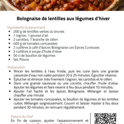 Recette : Bolognaise de lentilles aux légumes d'hiver, parfaite pour un repas végétarien savoureux et réconfortant.