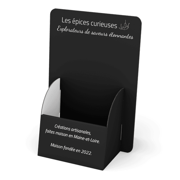 Présentoir « Les épices curieuses » pour créations artisanales du Maine-et-Loire, fondée en 2022.