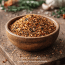 Bol en bois rempli de piment d'Espelette moulu, posé sur une table en bois, avec herbes floues en arrière-plan.