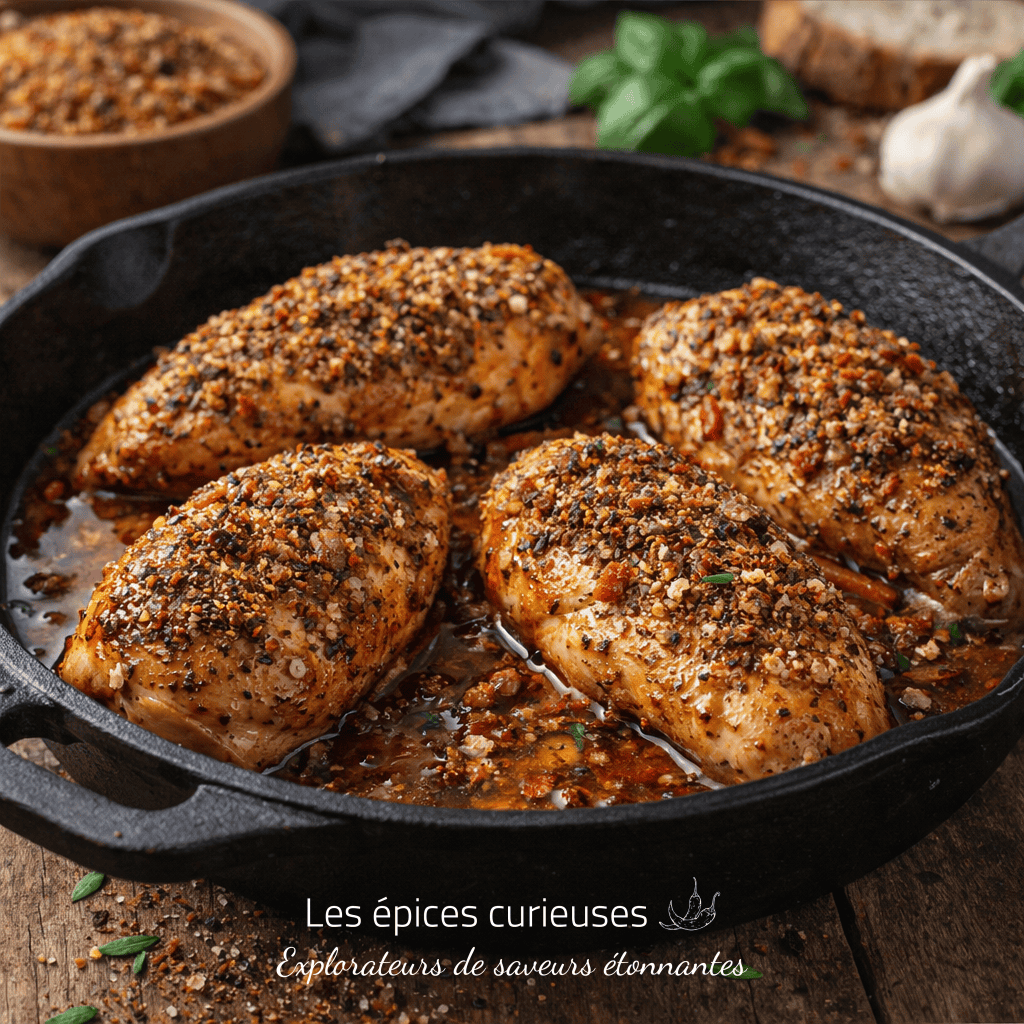 Poulet rôti aux épices dans une poêle en fonte, accompagné d'herbes fraîches et d'ail en arrière-plan.