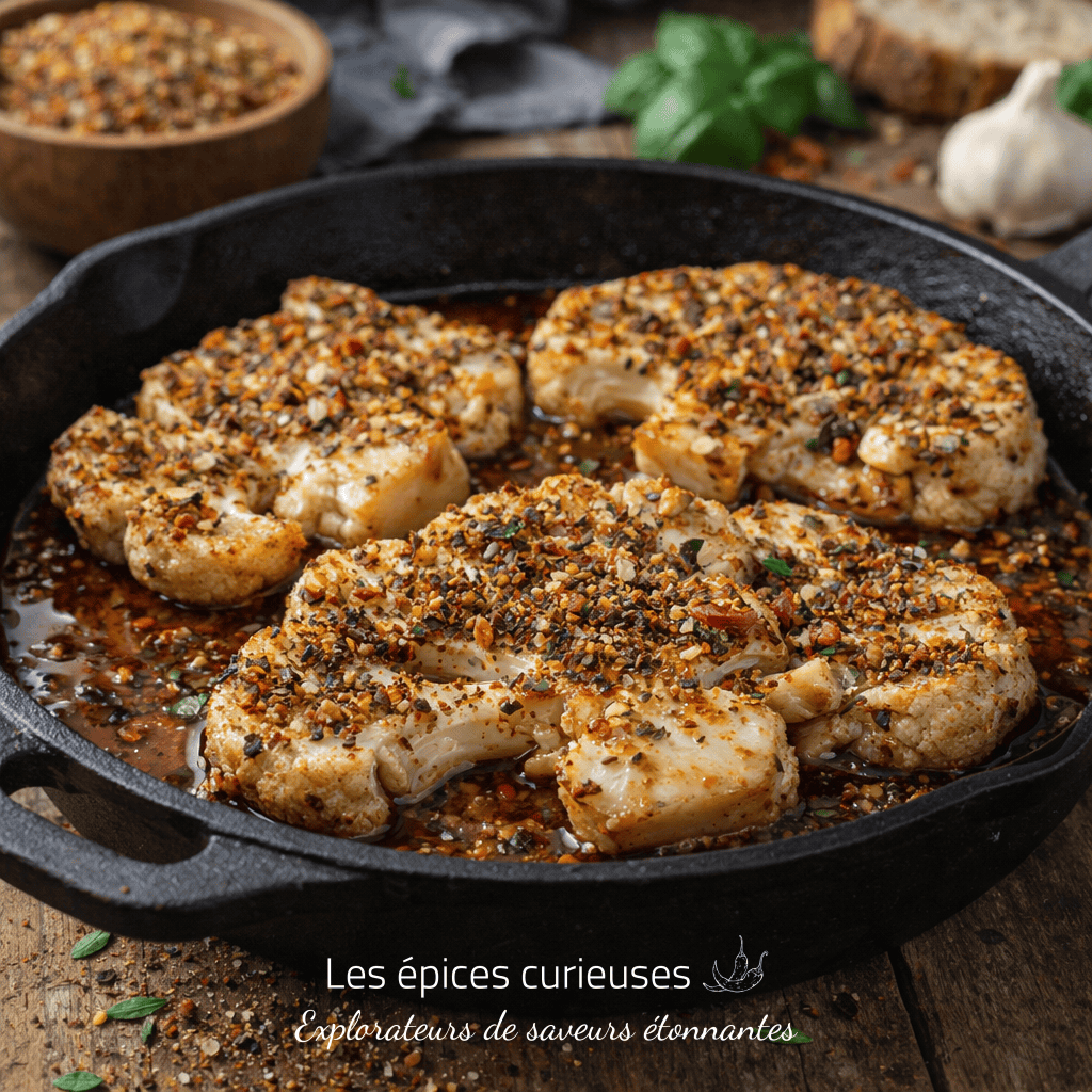 Tranches de chou-fleur grillé aux épices dans une poêle en fonte sur une table en bois.