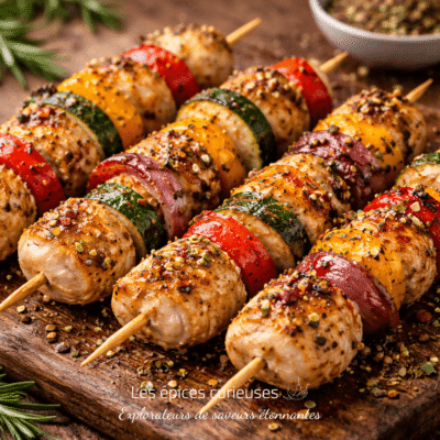 Brochettes de poulet épicées sur planche en bois avec légumes colorés grillés, prêtes à déguster.